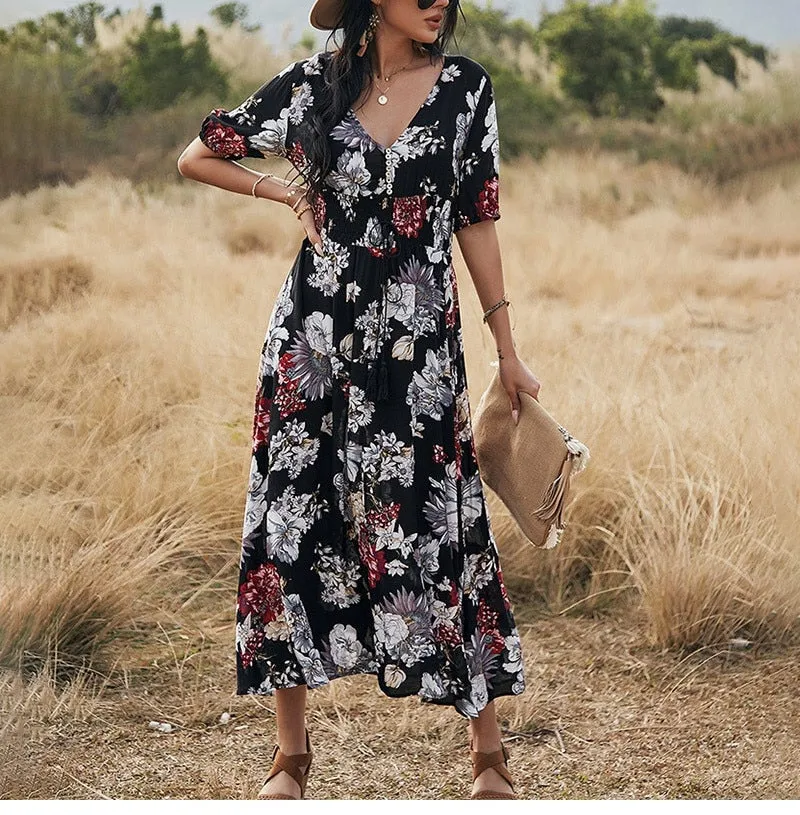 Boho Midi Dress, Sundress, Canna in Black