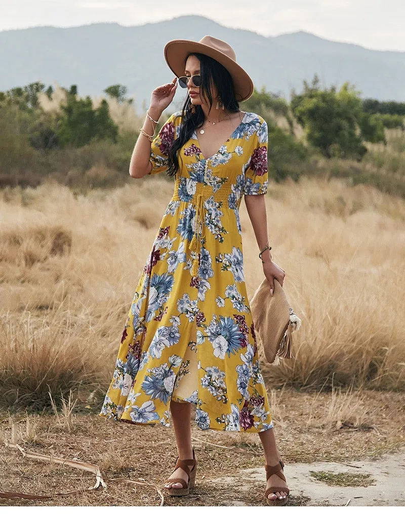 Boho Midi Dress, Sundress, Canna in Yellow