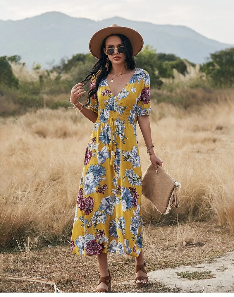Boho Midi Dress, Sundress, Canna in Yellow