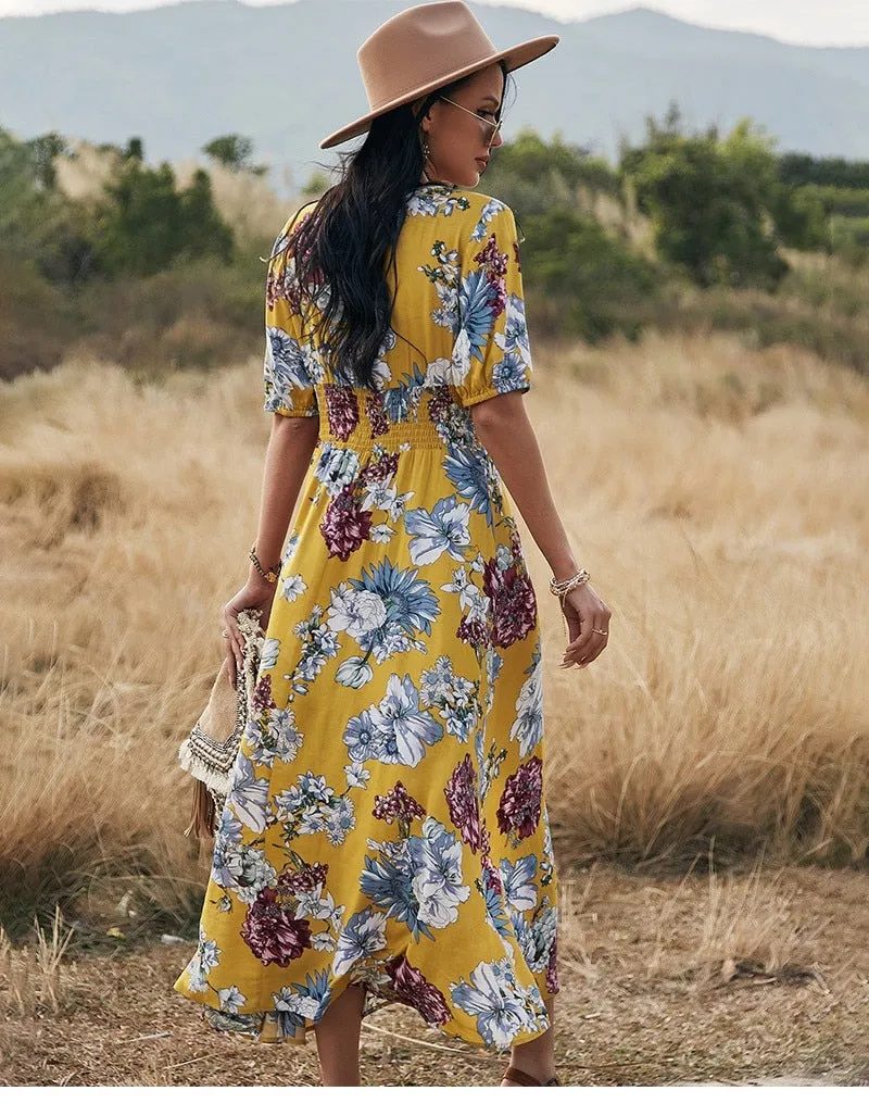Boho Midi Dress, Sundress, Canna in Yellow