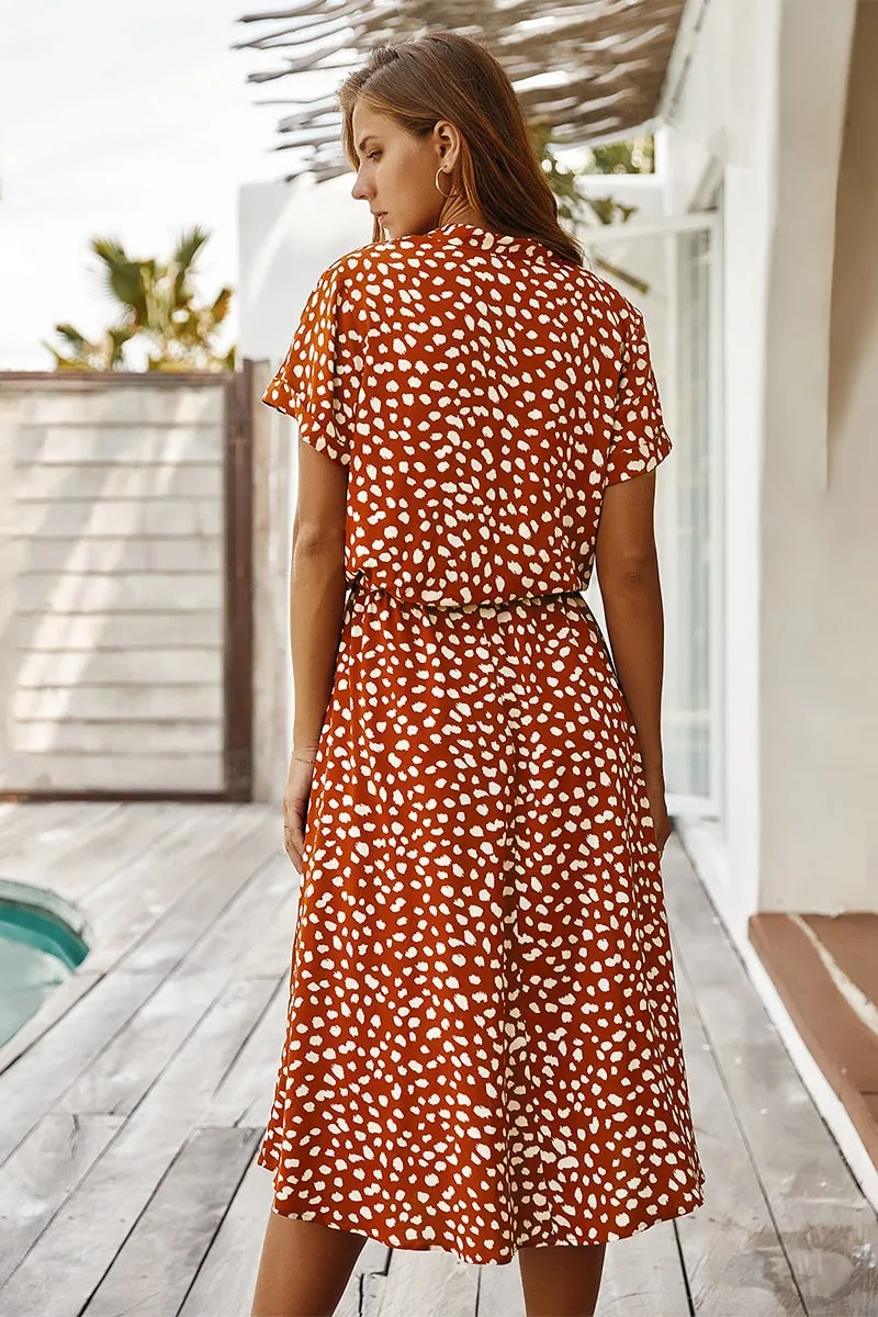 Boho Midi Dress,  Sundress, Quinn Polka Dot in Orange Brick