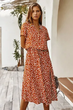 Boho Midi Dress,  Sundress, Quinn Polka Dot in Orange Brick