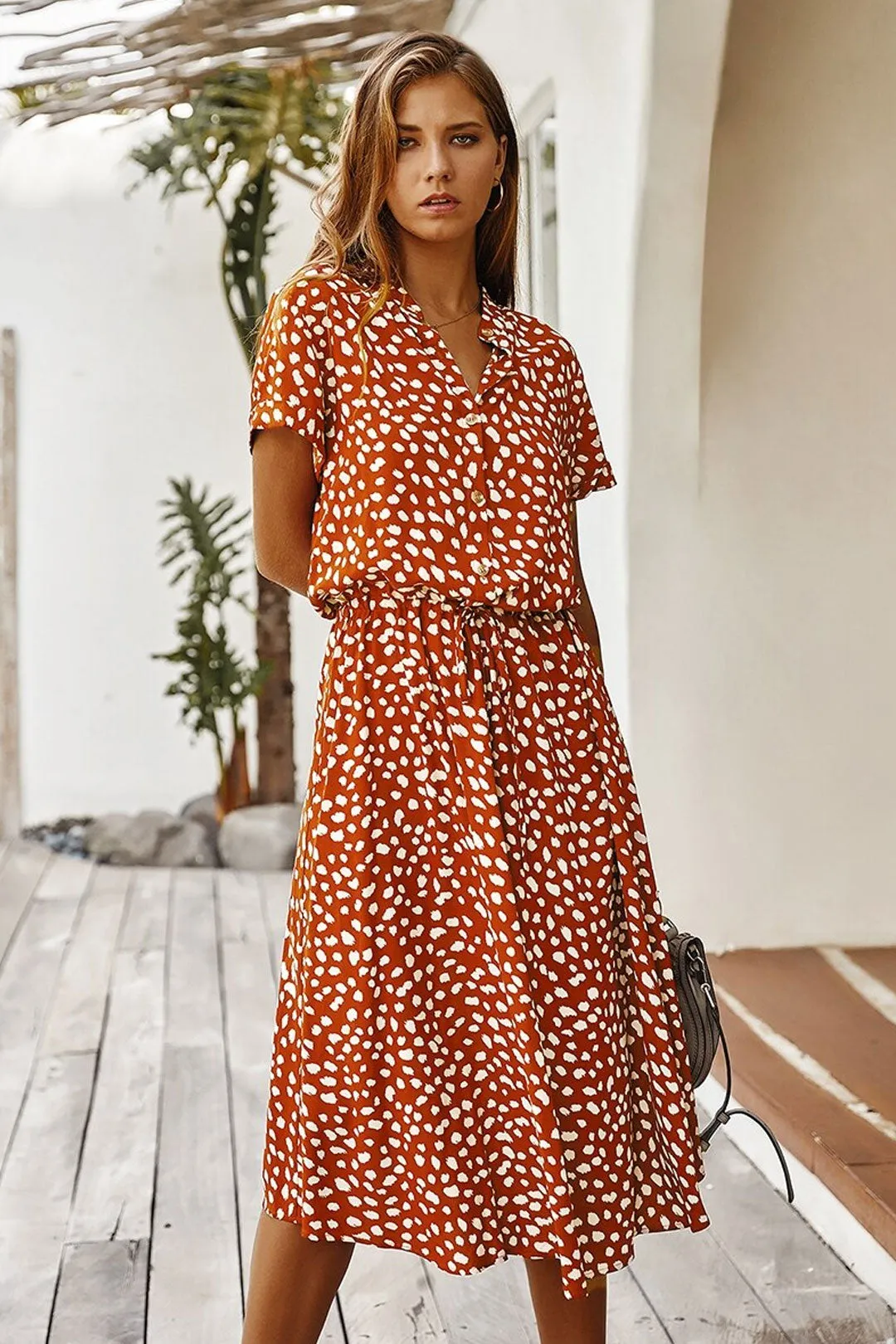 Boho Midi Dress,  Sundress, Quinn Polka Dot in Orange Brick