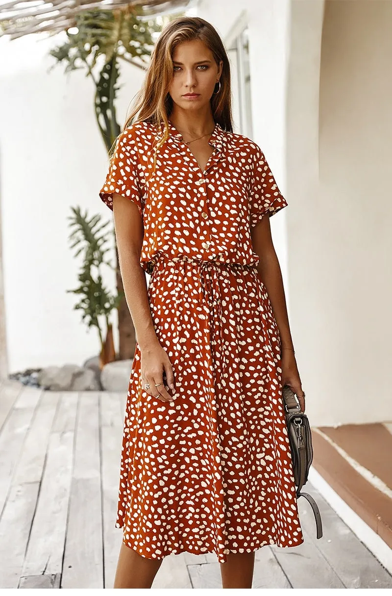 Boho Midi Dress,  Sundress, Quinn Polka Dot in Orange Brick