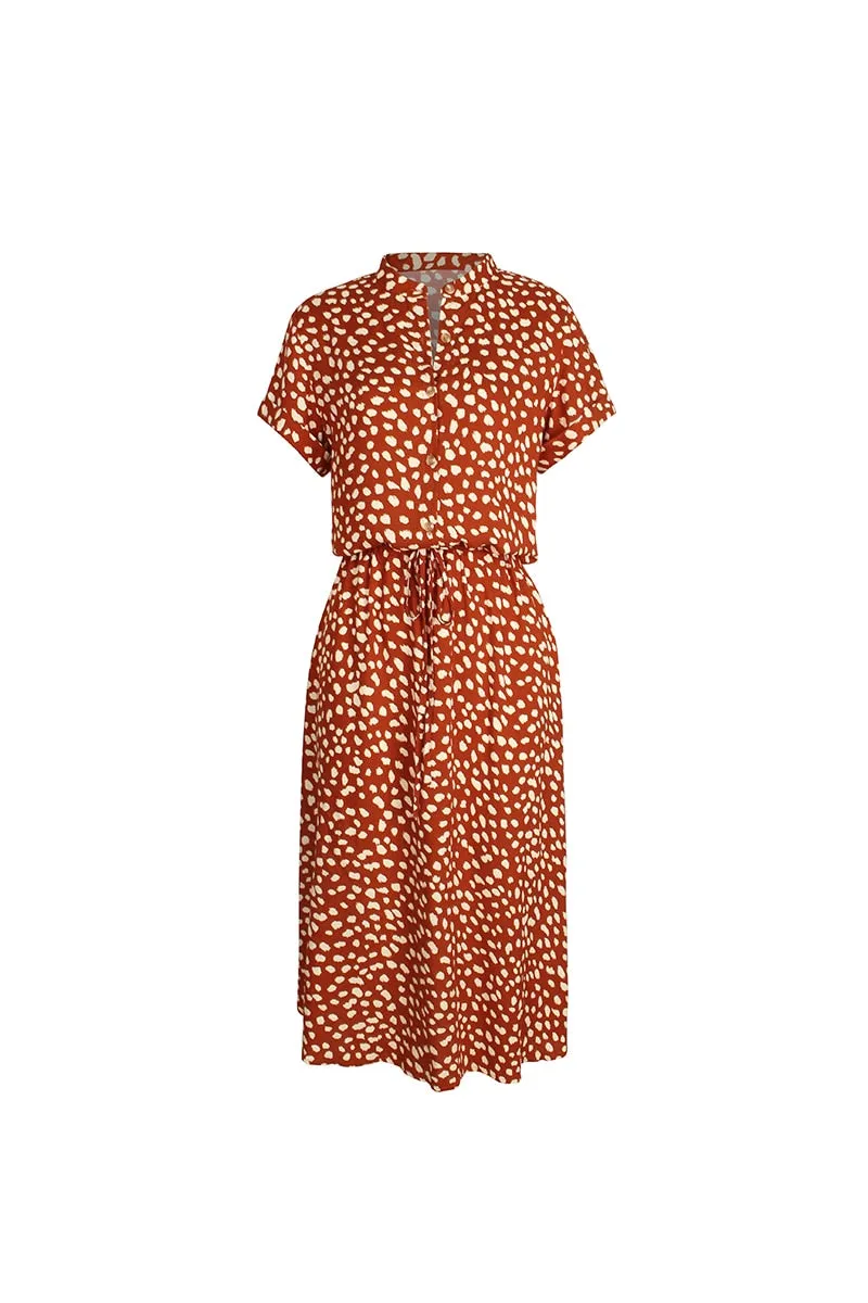 Boho Midi Dress,  Sundress, Quinn Polka Dot in Orange Brick