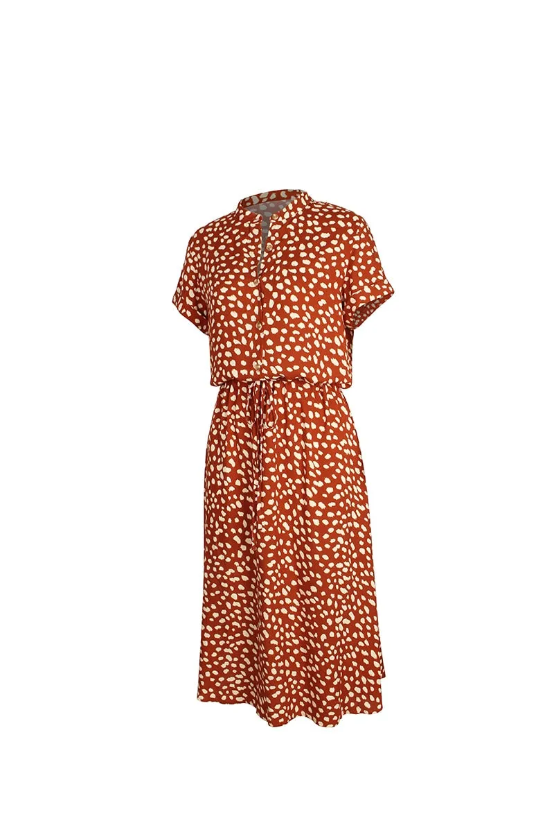Boho Midi Dress,  Sundress, Quinn Polka Dot in Orange Brick