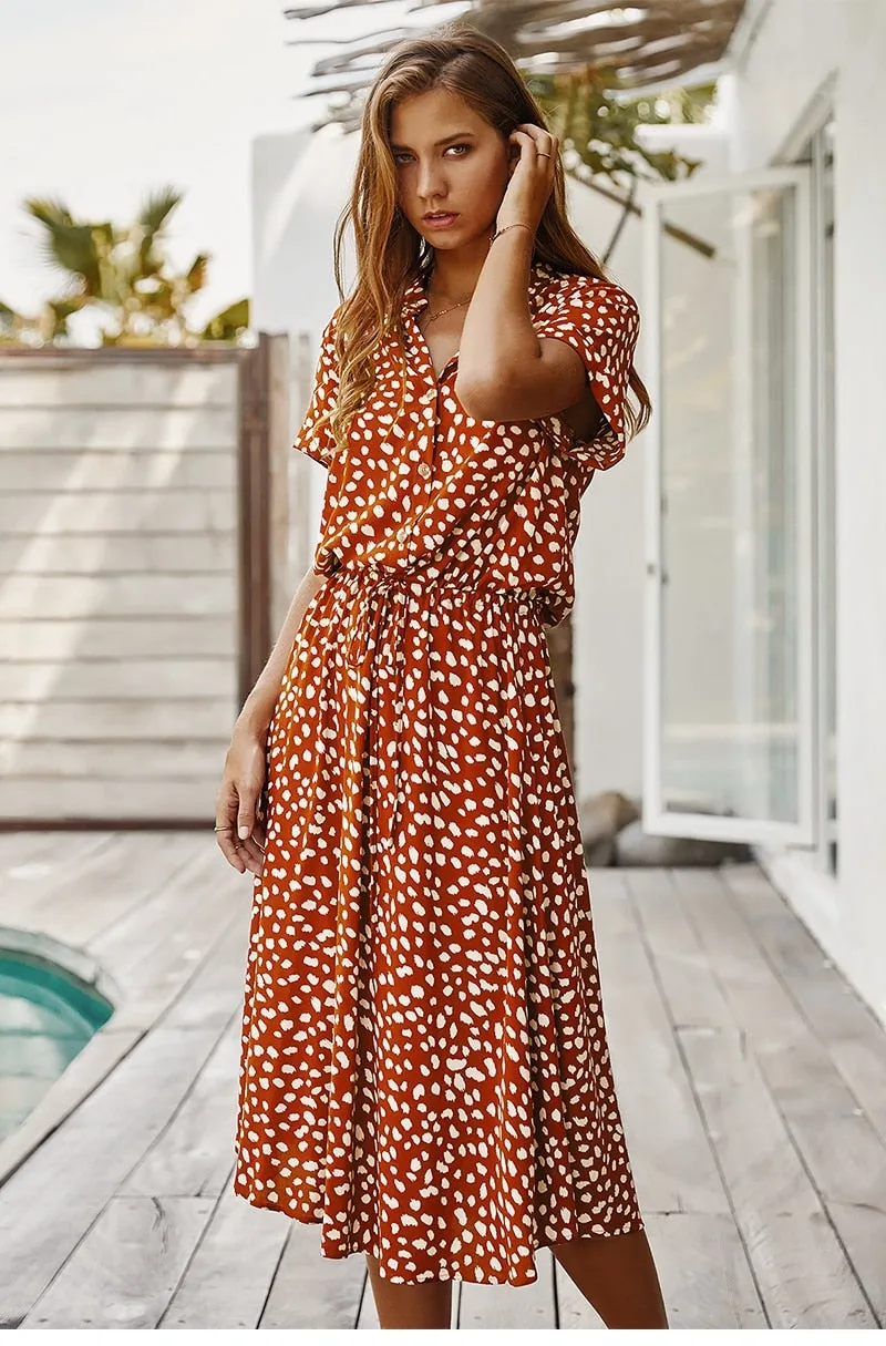 Boho Midi Dress,  Sundress, Quinn Polka Dot in Orange Brick