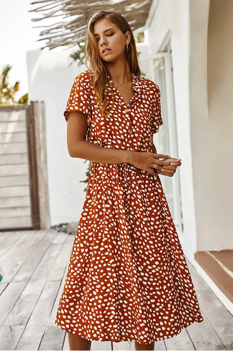 Boho Midi Dress,  Sundress, Quinn Polka Dot in Orange Brick