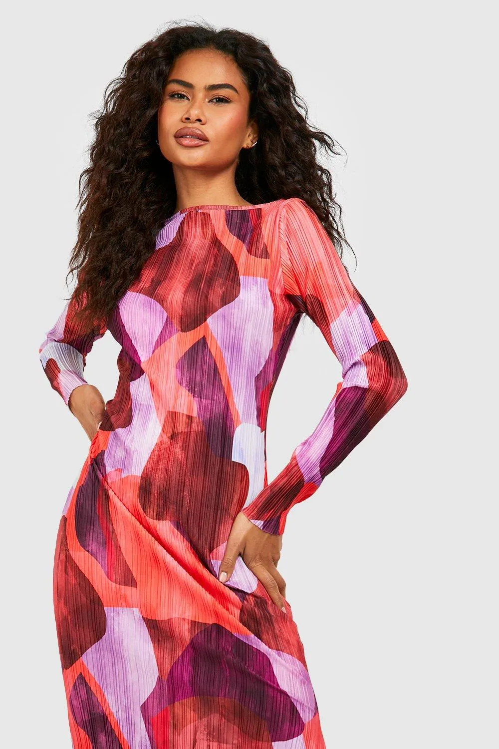 Boohoo Abstract Print Pleated Midi Dress, Purple