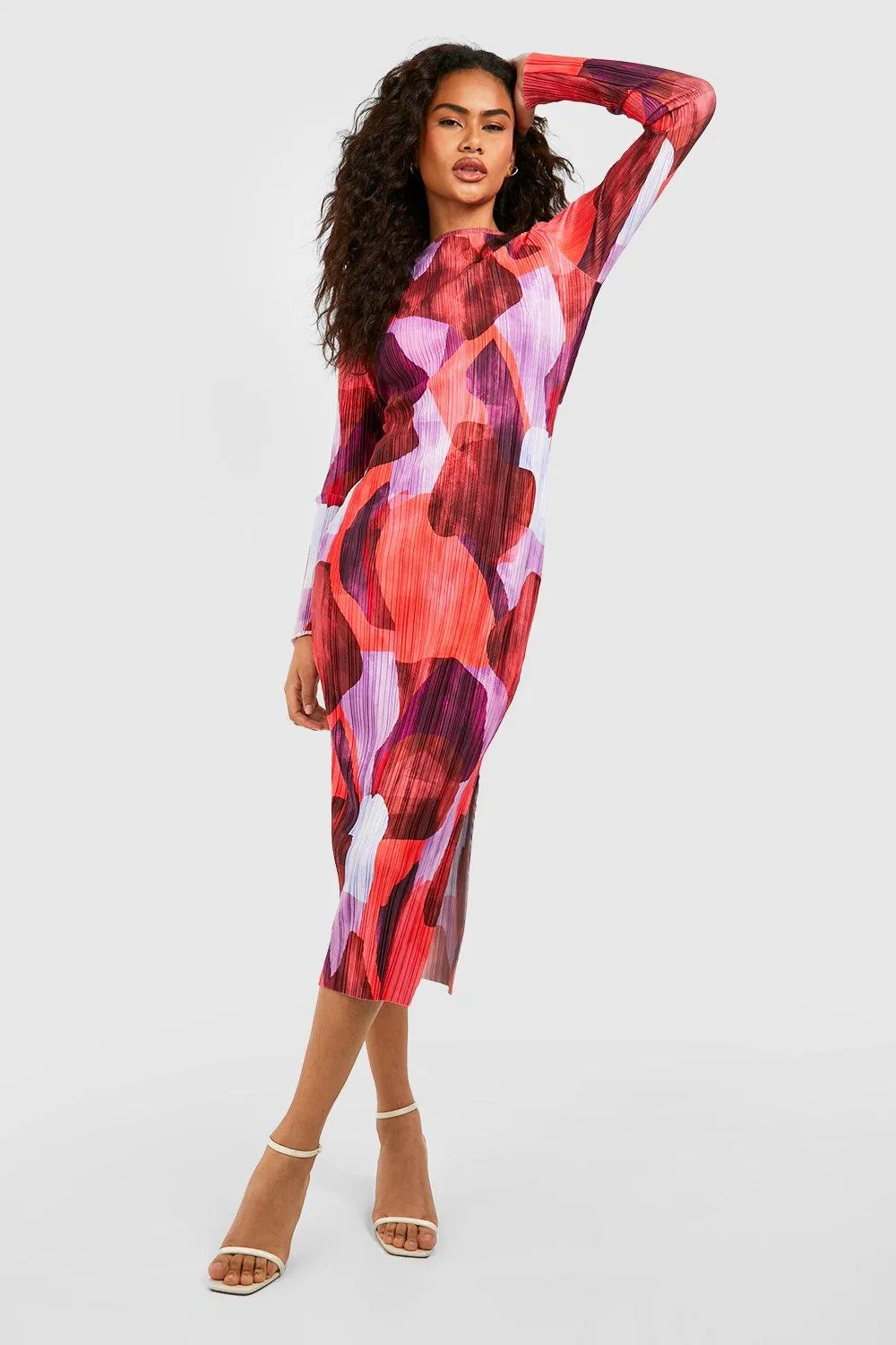 Boohoo Abstract Print Pleated Midi Dress, Purple