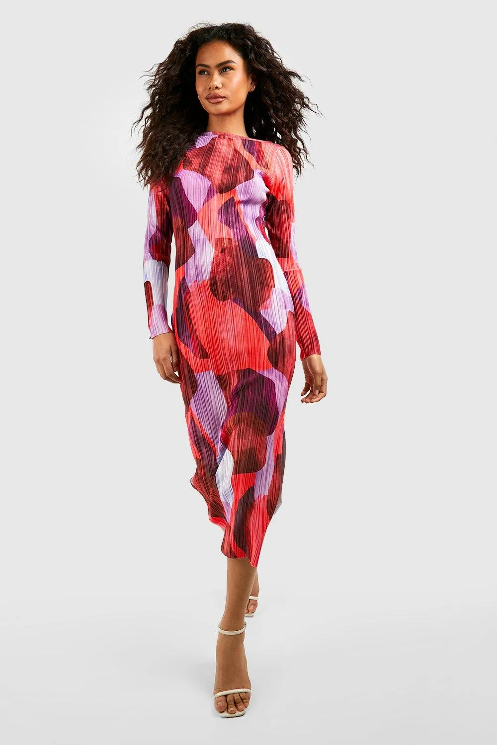 Boohoo Abstract Print Pleated Midi Dress, Purple