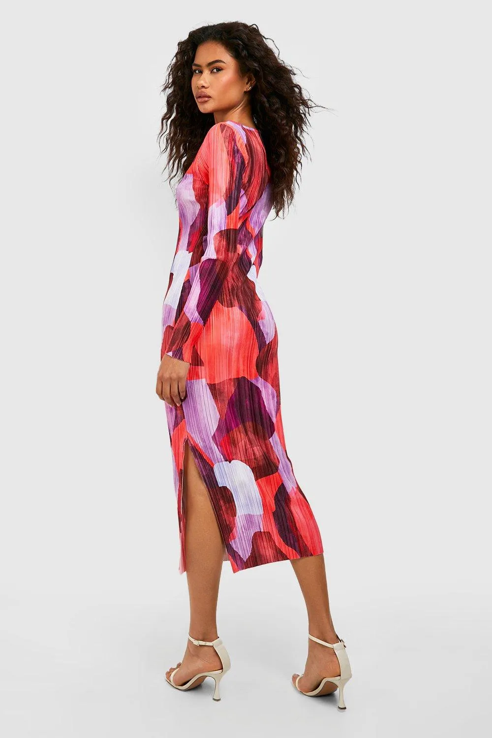 Boohoo Abstract Print Pleated Midi Dress, Purple