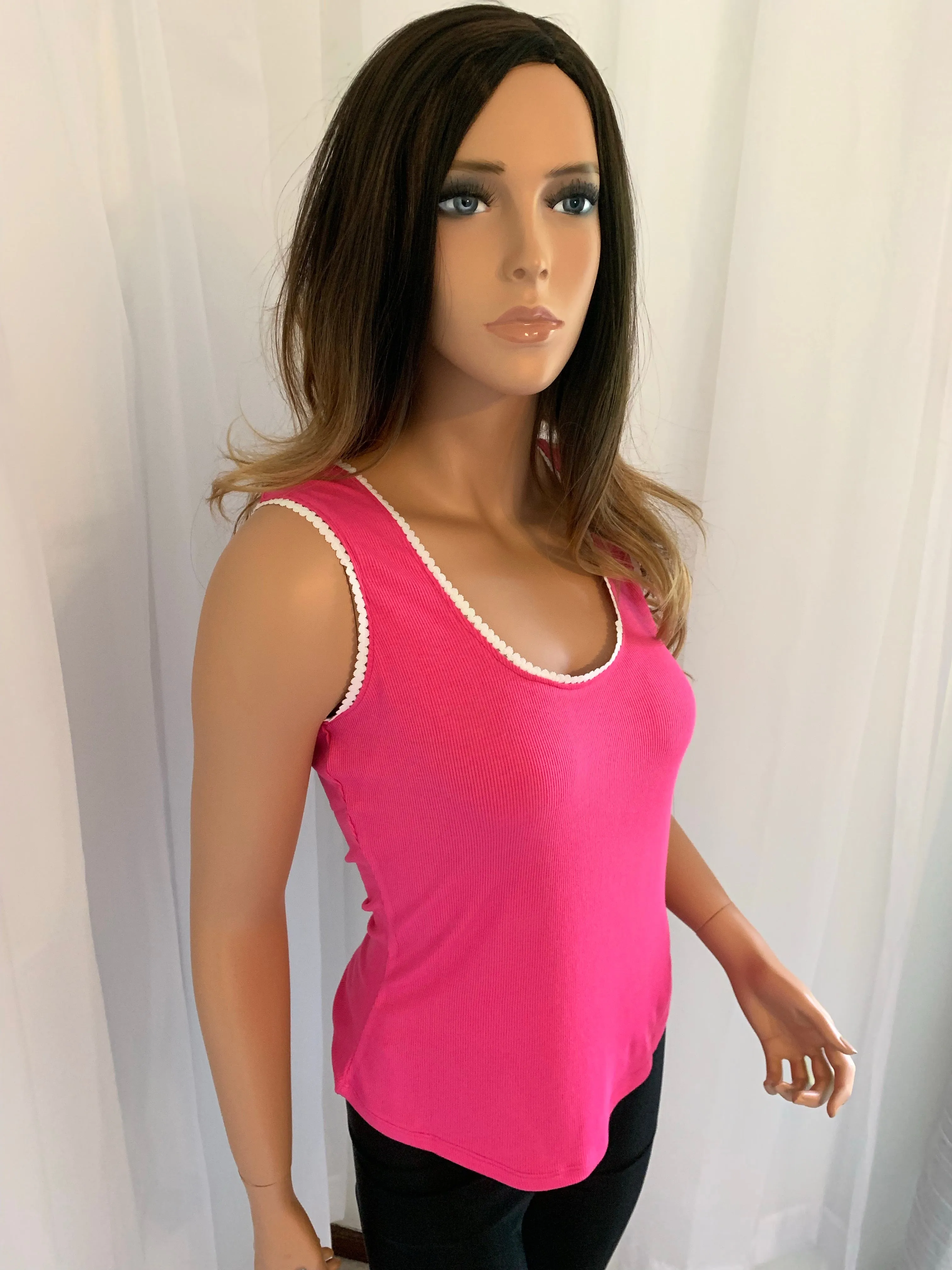 Bright Pink Lace Trim Neckline Ribbed Knit Tank Top