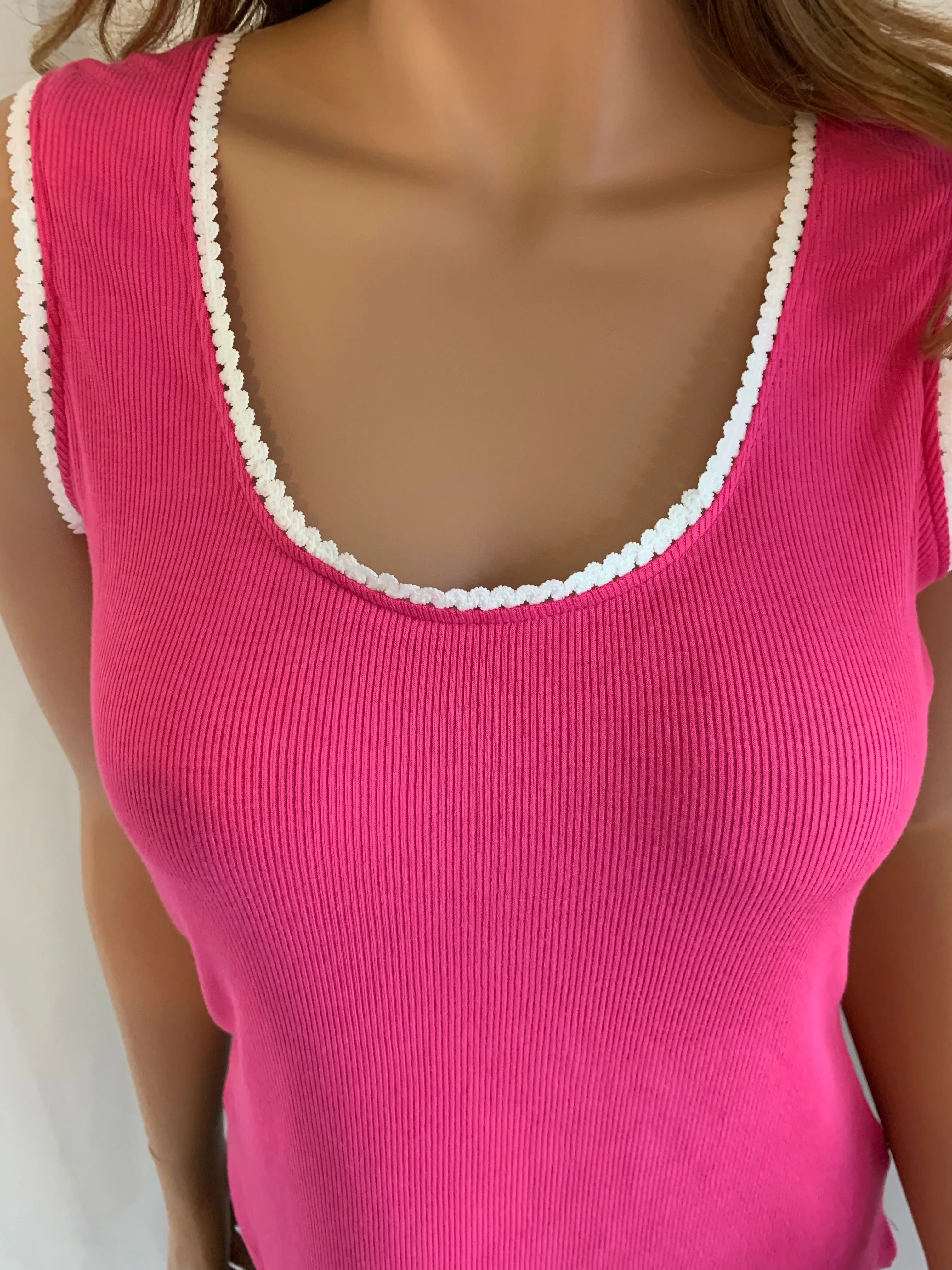 Bright Pink Lace Trim Neckline Ribbed Knit Tank Top