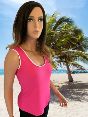 Bright Pink Lace Trim Neckline Ribbed Knit Tank Top