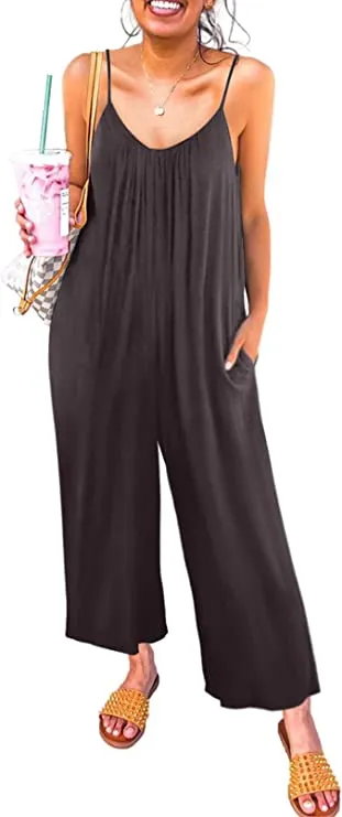 Brown Sleeveless Women's Casual Sleeveless Front Button Loose Jumpsuits Stretchy Long Pants Romper with Pockets - Happy Sailed