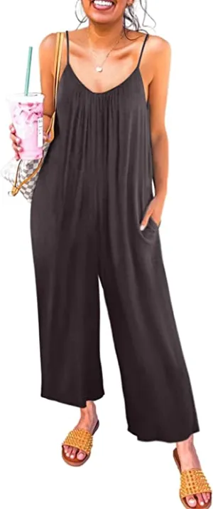 Brown Sleeveless Women's Casual Sleeveless Front Button Loose Jumpsuits Stretchy Long Pants Romper with Pockets - Happy Sailed