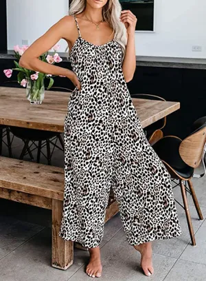 Brown Women's Casual Sleeveless Front Button Loose Jumpsuits Stretchy Long Pants Romper with Pockets - Happy Sailed