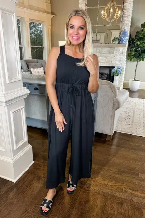 Buttery Soft Exposed Seam Drawstring Tie Waist Wide Leg Black Jumpsuit