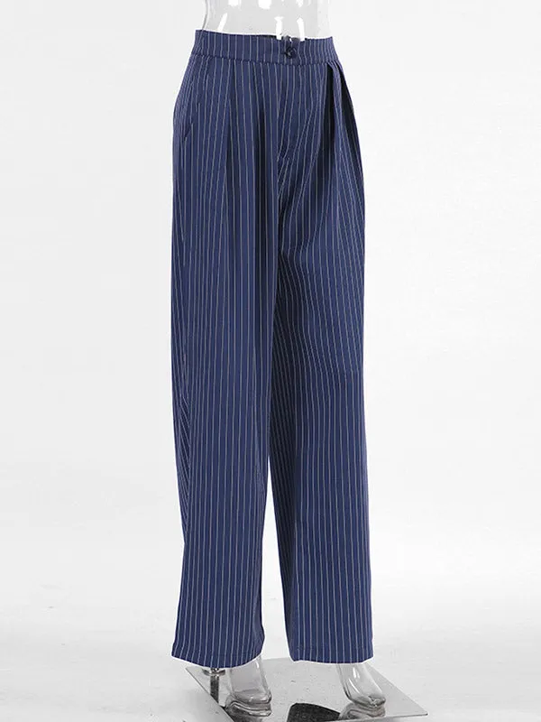 Buttoned Striped High Waisted Wide Pants Trousers Pants