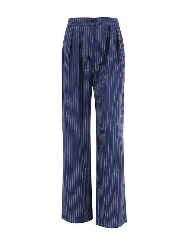 Buttoned Striped High Waisted Wide Pants Trousers Pants