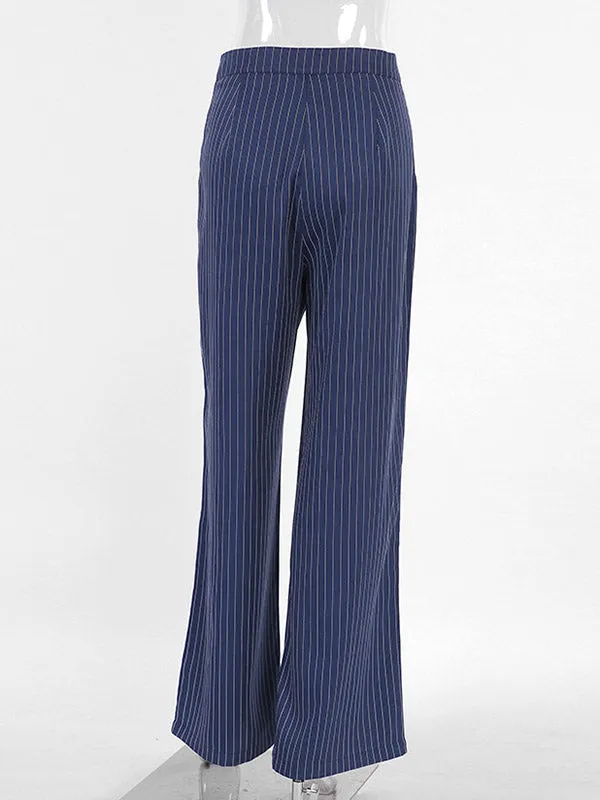 Buttoned Striped High Waisted Wide Pants Trousers Pants