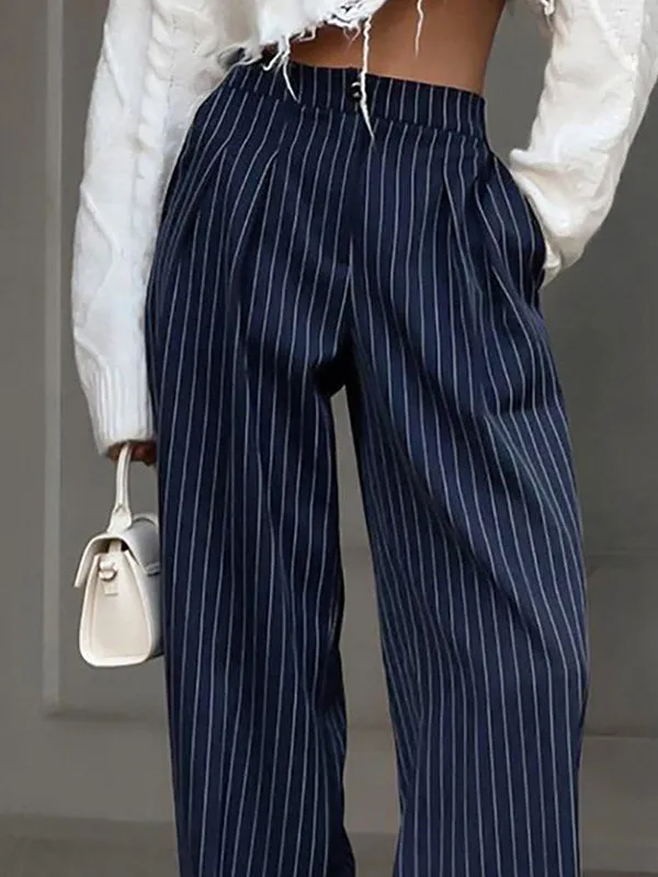Buttoned Striped High Waisted Wide Pants Trousers Pants