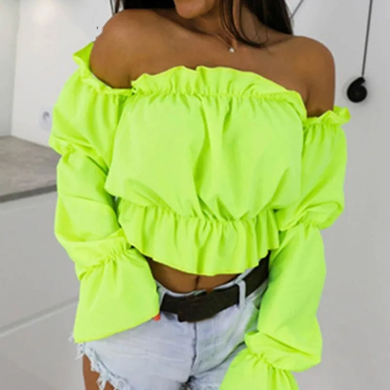 Candy Color Off Shoulder Crop Tops women Summer dot print lantern
