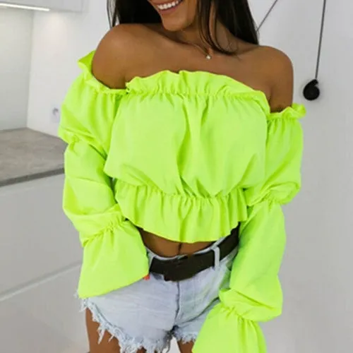 Candy Color Off Shoulder Crop Tops women Summer dot print lantern