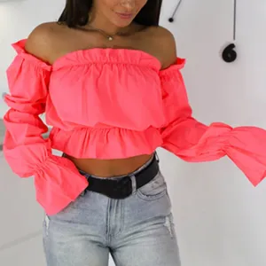 Candy Color Off Shoulder Crop Tops women Summer dot print lantern