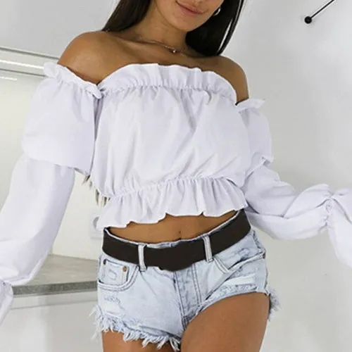 Candy Color Off Shoulder Crop Tops women Summer dot print lantern
