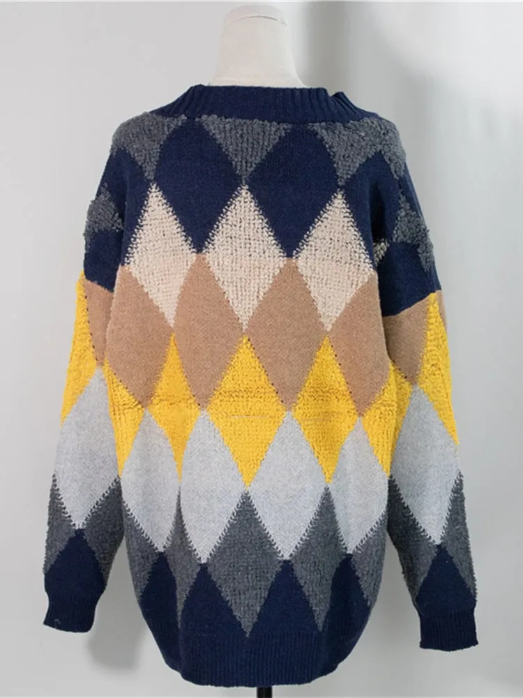 Cardigans Button Puff Sleeve Checkered Oversized Women's Sweaters