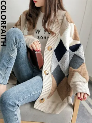 Cardigans Button Puff Sleeve Checkered Oversized Women's Sweaters