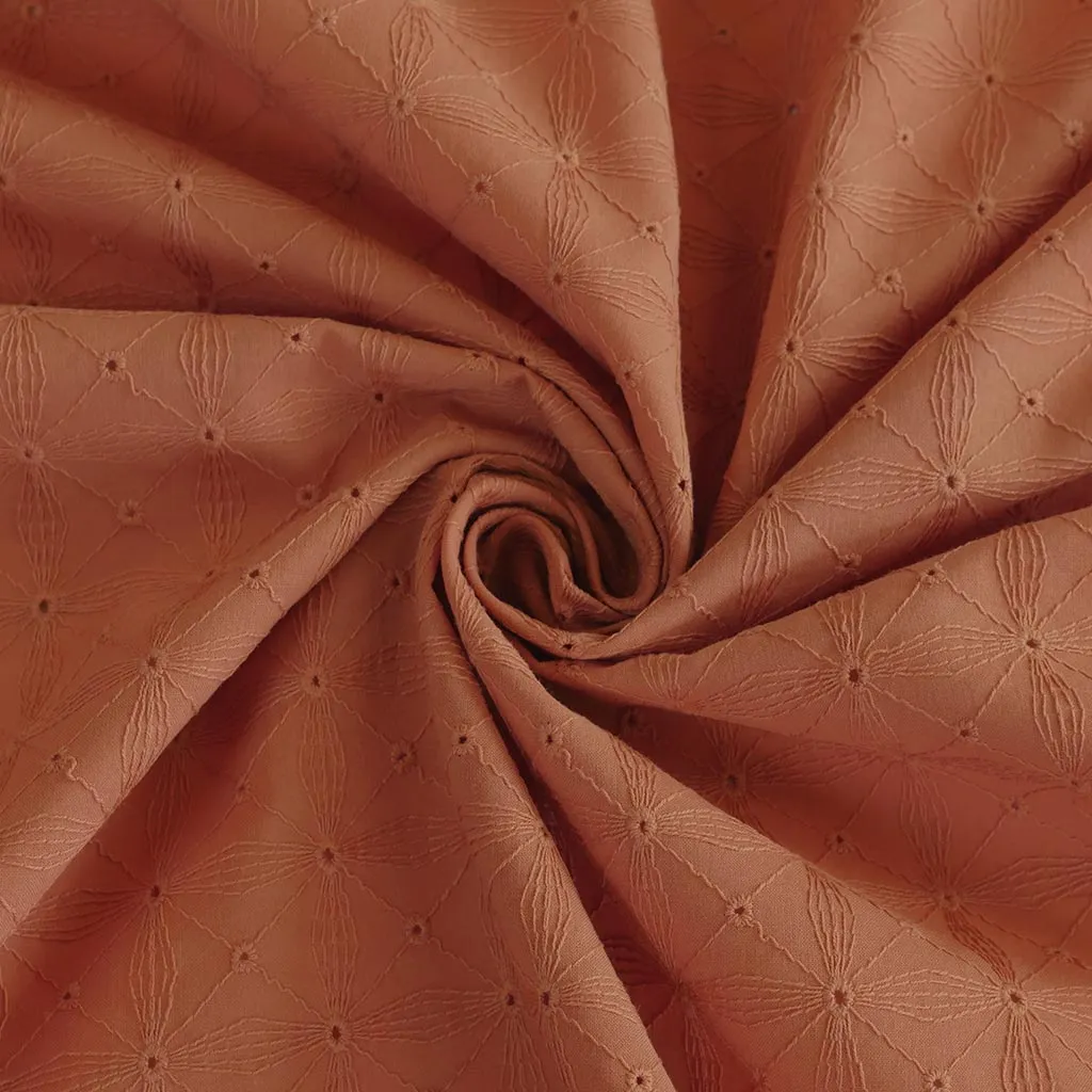 Carolina - Dark Peach, Geometric Embroidered Cotton Woven Fabric
