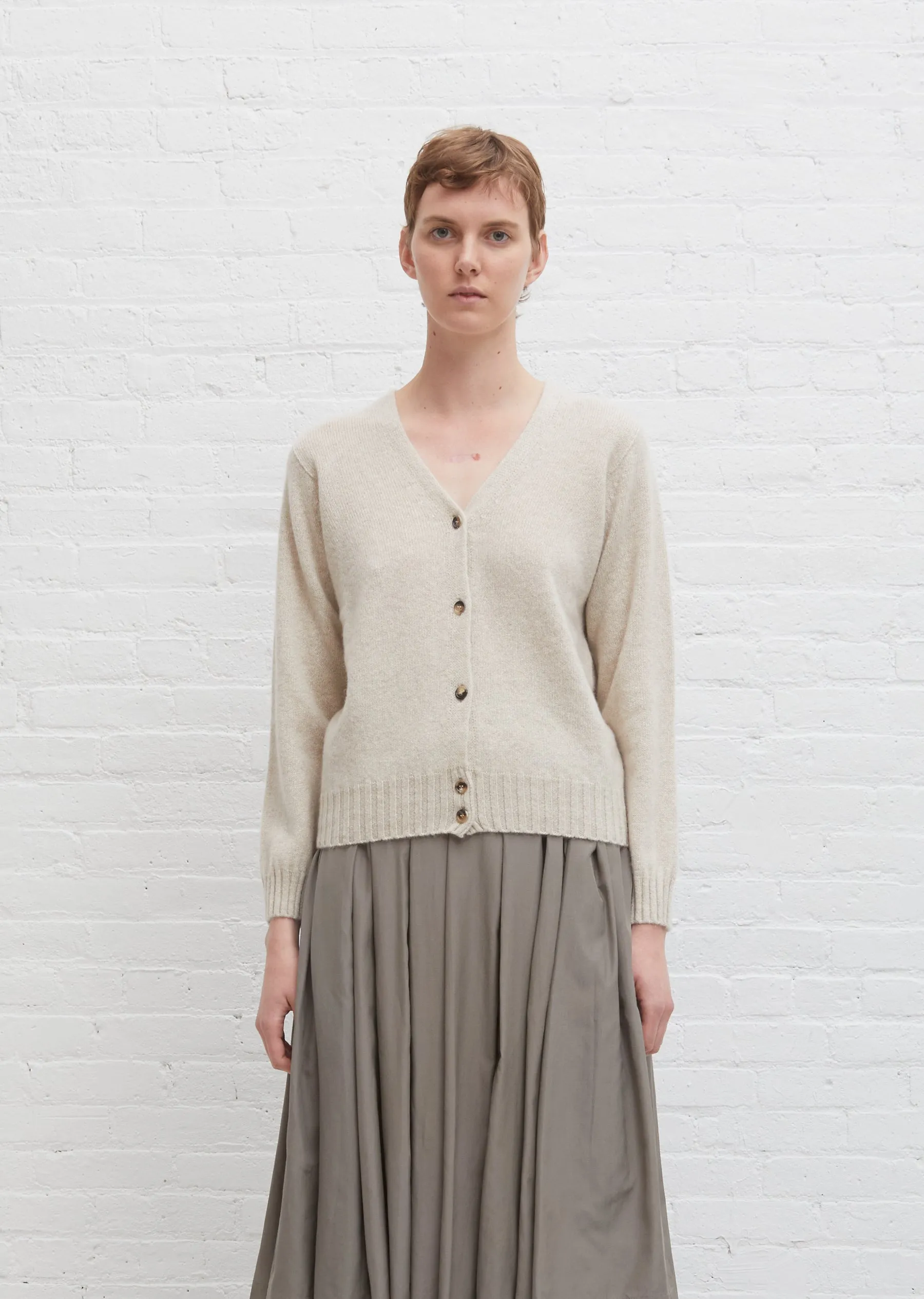 Cashmere Seamless V Neck Cardigan — Light Brown