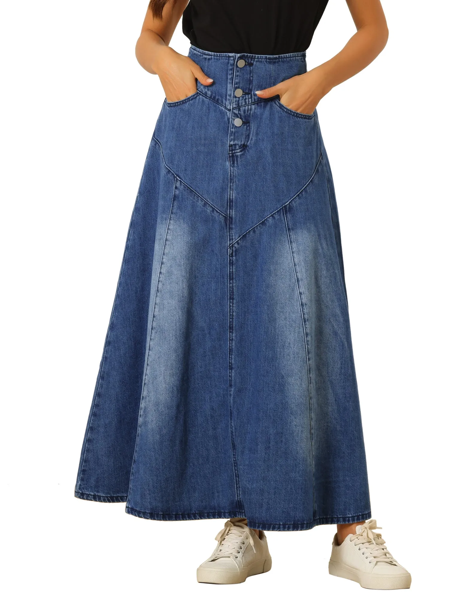 Casual Denim High Waisted A-Line Flared Maxi Skirt