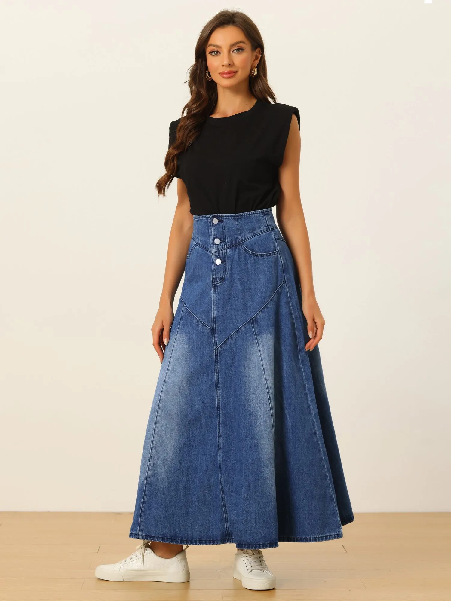 Casual Denim High Waisted A-Line Flared Maxi Skirt