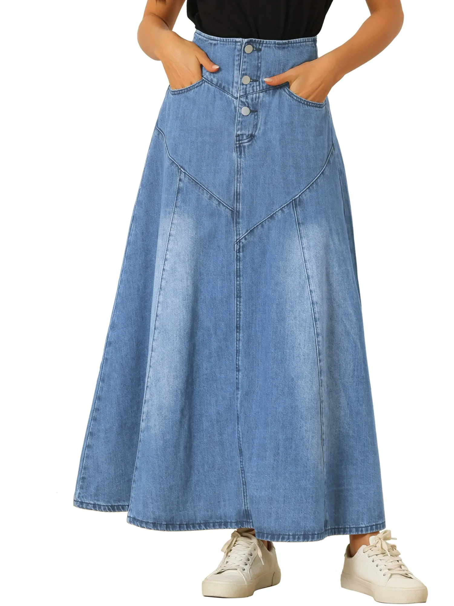Casual Denim High Waisted A-Line Flared Maxi Skirt