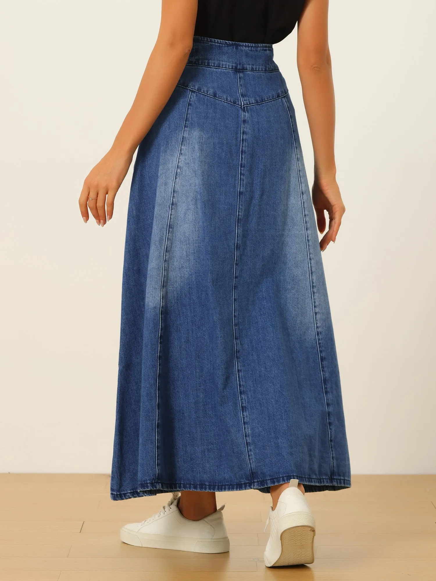 Casual Denim High Waisted A-Line Flared Maxi Skirt