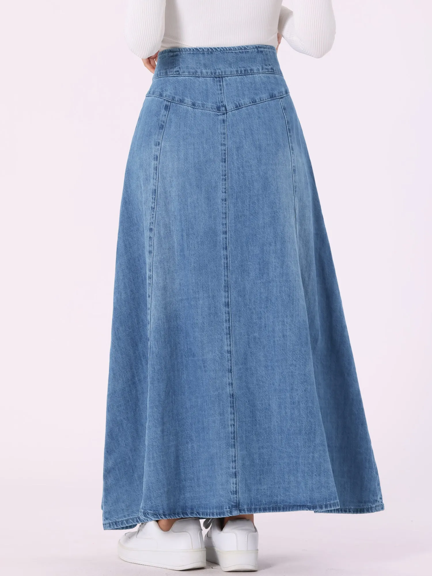 Casual Denim High Waisted A-Line Flared Maxi Skirt