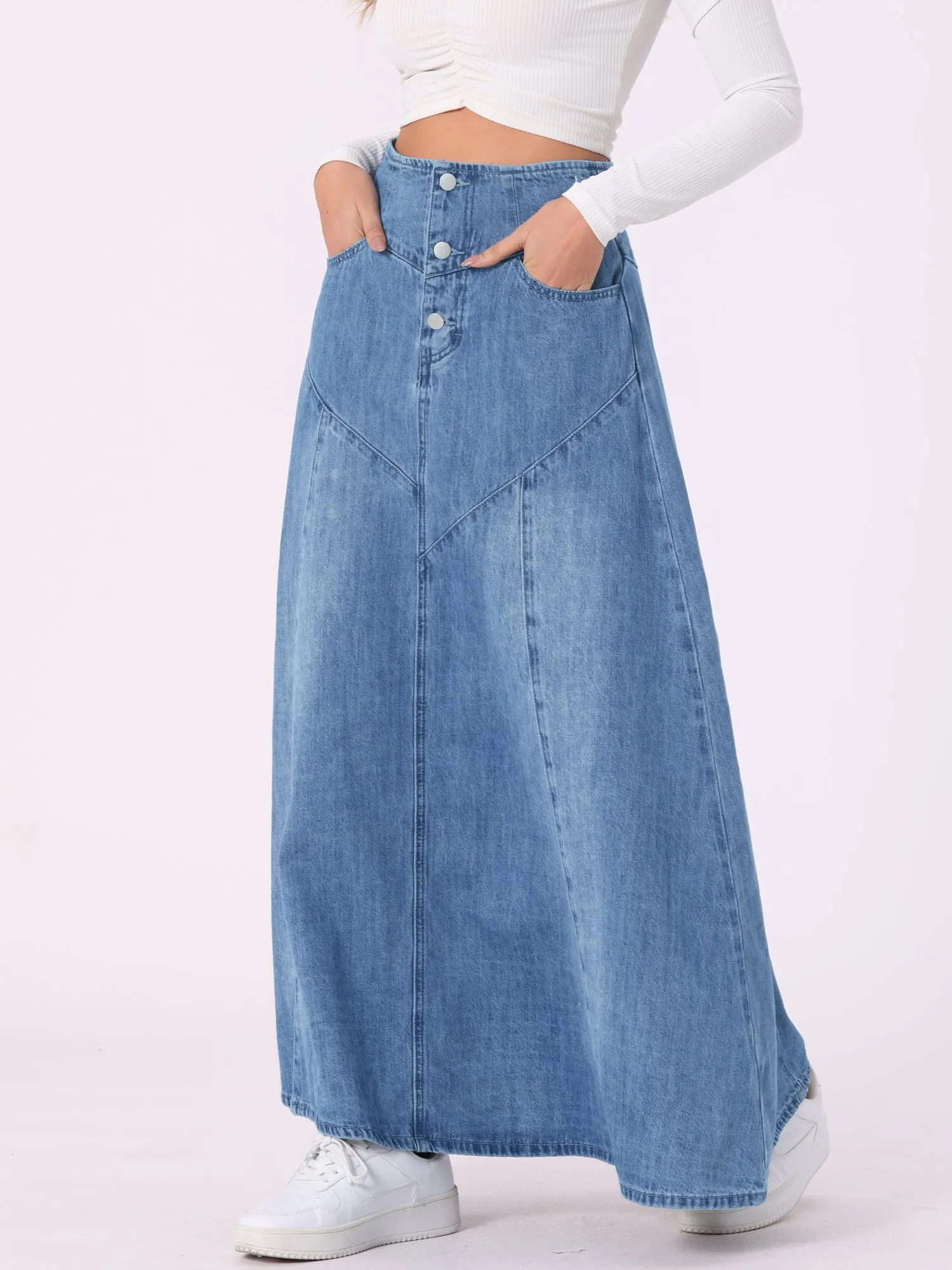 Casual Denim High Waisted A-Line Flared Maxi Skirt
