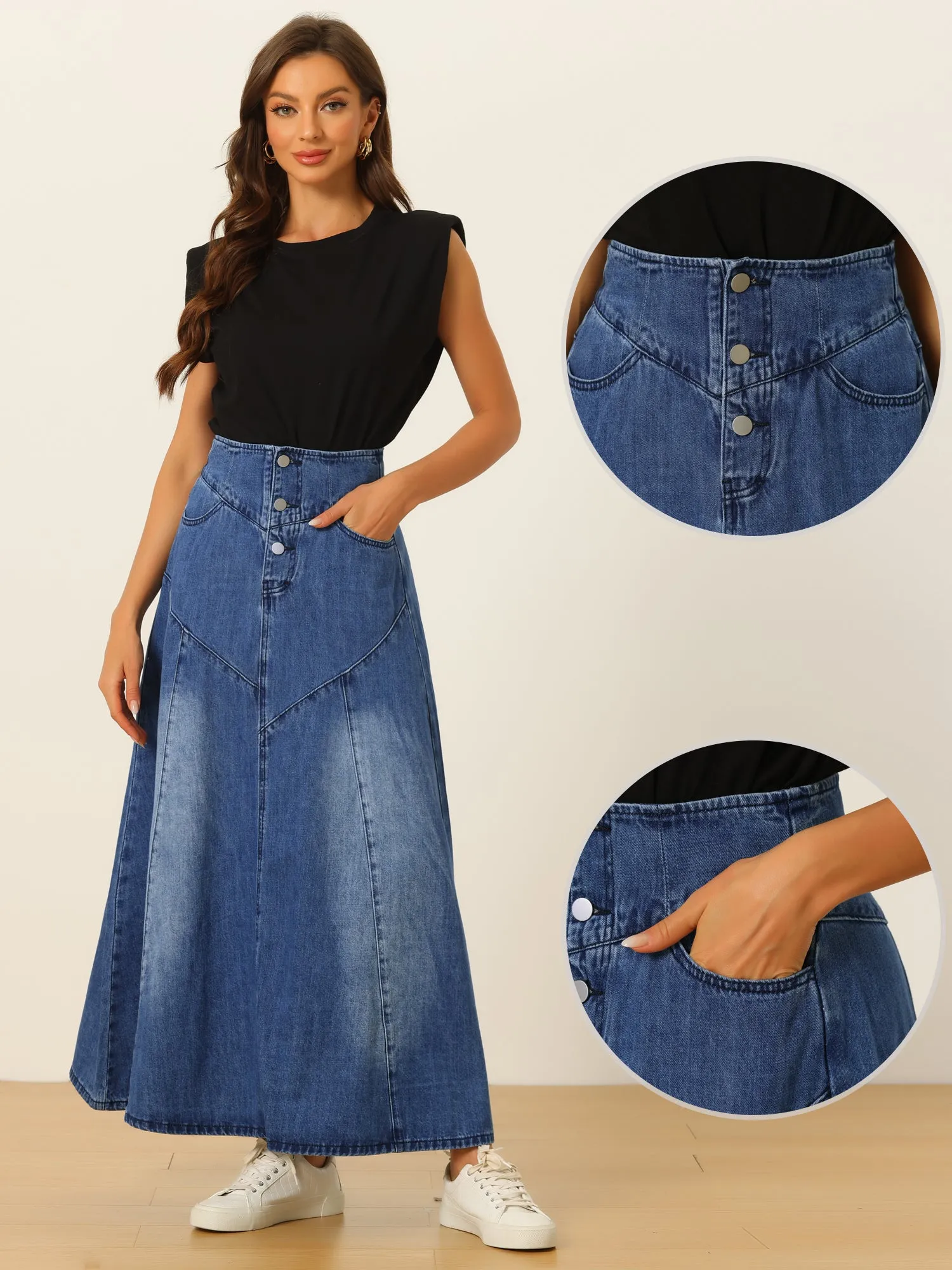 Casual Denim High Waisted A-Line Flared Maxi Skirt