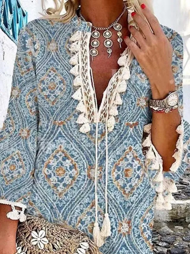 Casual Dress Fringe Dress Shift Dress Midi Dress Light Blue Long Sleeve Floral Print Summer Spring V Neck Boho Winter Dress Fall Dress Loose Fit  S M L XL XXL for Women