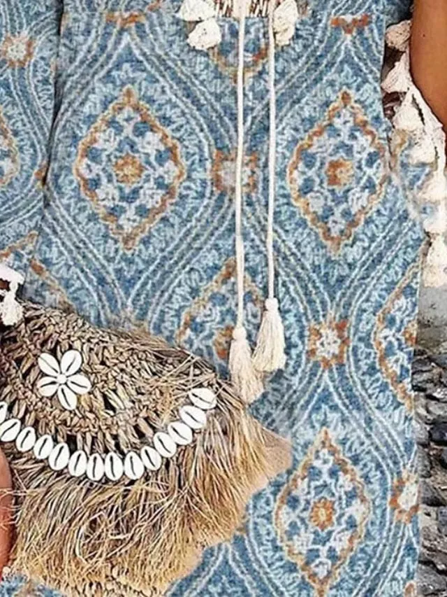 Casual Dress Fringe Dress Shift Dress Midi Dress Light Blue Long Sleeve Floral Print Summer Spring V Neck Boho Winter Dress Fall Dress Loose Fit  S M L XL XXL for Women