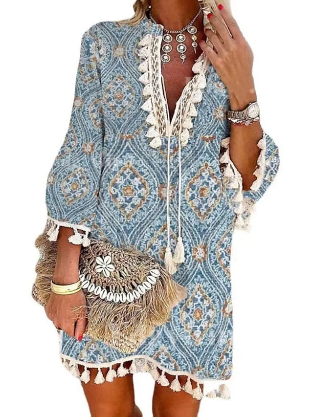 Casual Dress Fringe Dress Shift Dress Midi Dress Light Blue Long Sleeve Floral Print Summer Spring V Neck Boho Winter Dress Fall Dress Loose Fit  S M L XL XXL for Women
