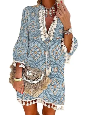 Casual Dress Fringe Dress Shift Dress Midi Dress Light Blue Long Sleeve Floral Print Summer Spring V Neck Boho Winter Dress Fall Dress Loose Fit  S M L XL XXL for Women