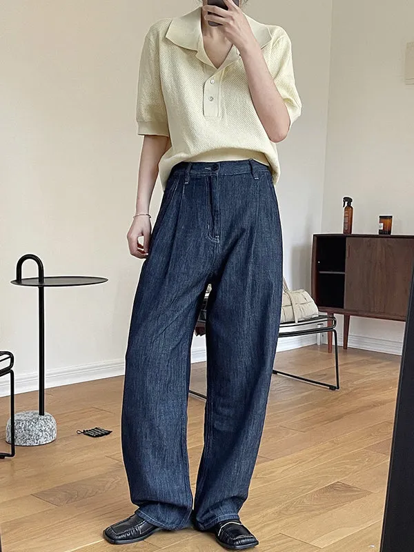 Casual Loose Wide Leg Pleated Jean Pants Bottoms
