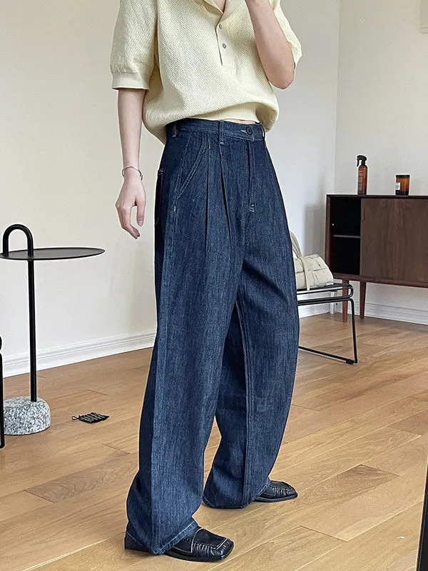 Casual Loose Wide Leg Pleated Jean Pants Bottoms