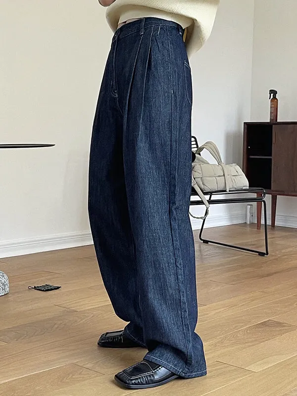 Casual Loose Wide Leg Pleated Jean Pants Bottoms