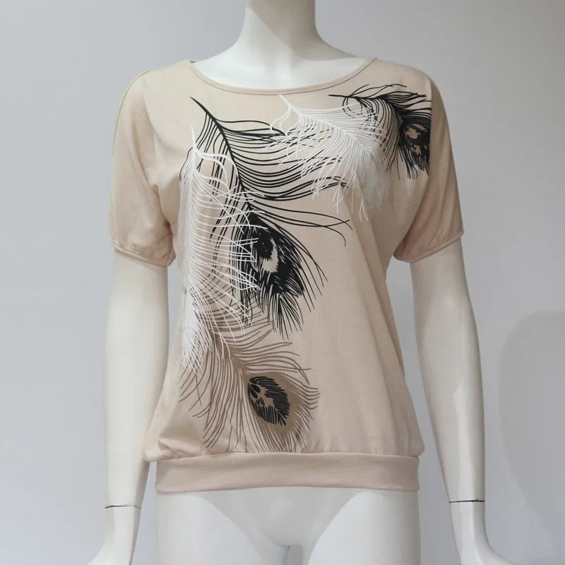 Casual Trendy Women's Feather Print O-neck Tops Of Short Sleeve Or Off Shoulder